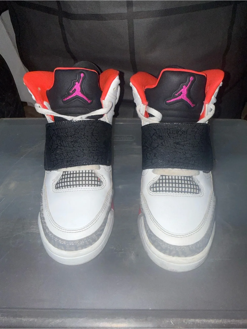 Jordan Kids' White Black Pink and Orange Strap Basketball Sneakers